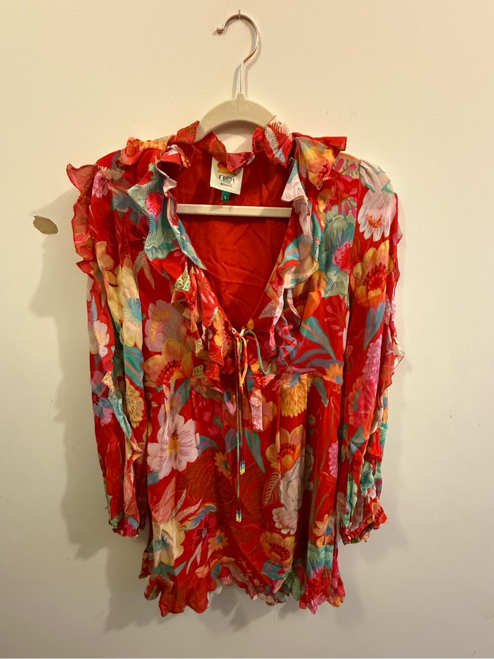 FARM Rio Red Floral Ruffle Tie-Front Tunic